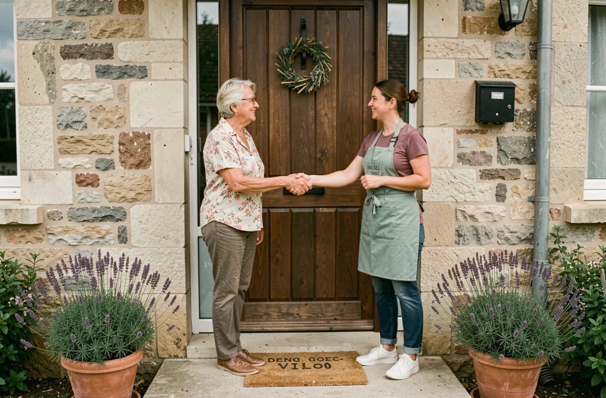 Accord entre une cliente et une aide ménagère à domicile devant l'entrée d'une maison française