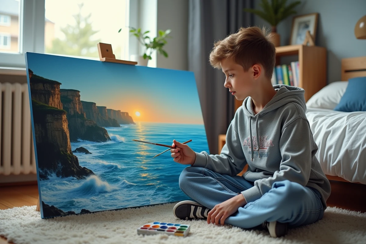 Adolescent assis sur le sol de sa chambre en train de peindre par numéros un paysage marin avec falaises et vagues sur une grande toile
