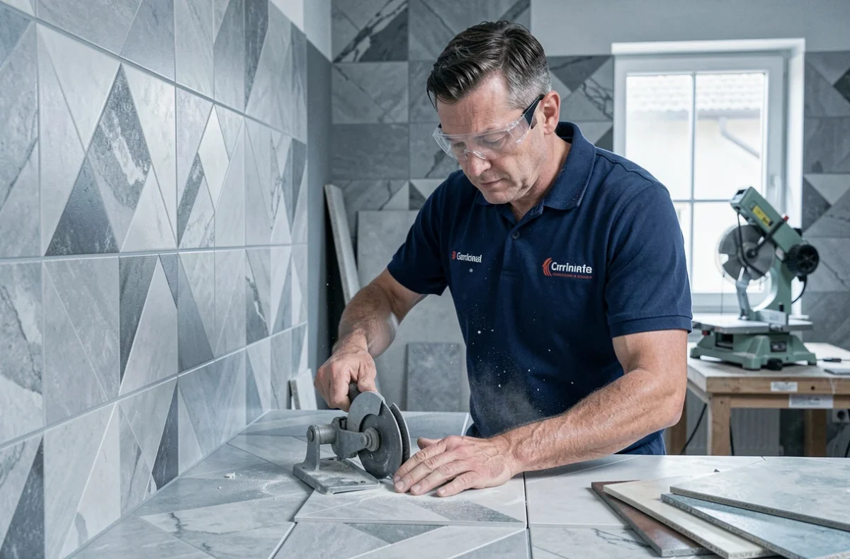 Spécialiste carrelage Adsiy découpant une tuile en porcelaine pour la pose murale d'une salle de bain à Strasbourg