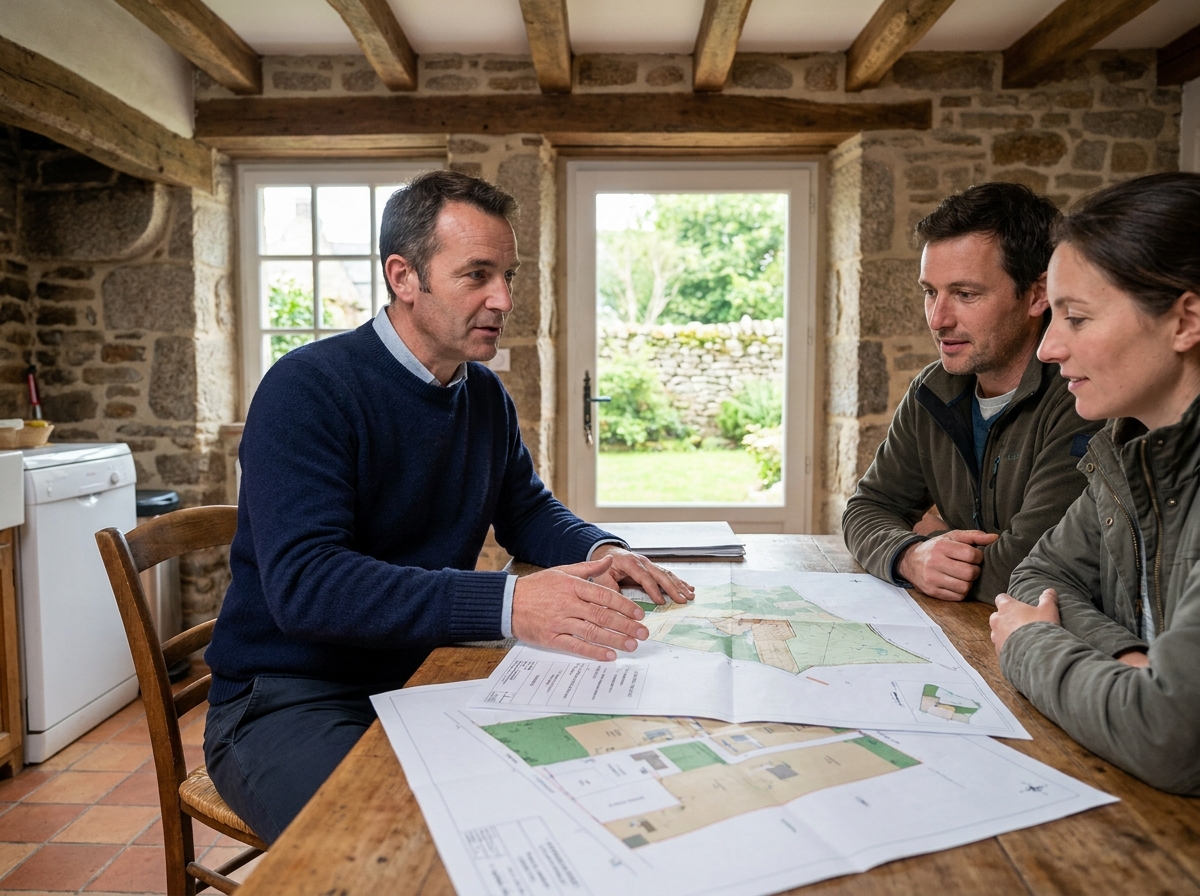 Agent immobilier présentant des plans de terrain à des acheteurs dans une maison en pierre rénovée en Bretagne