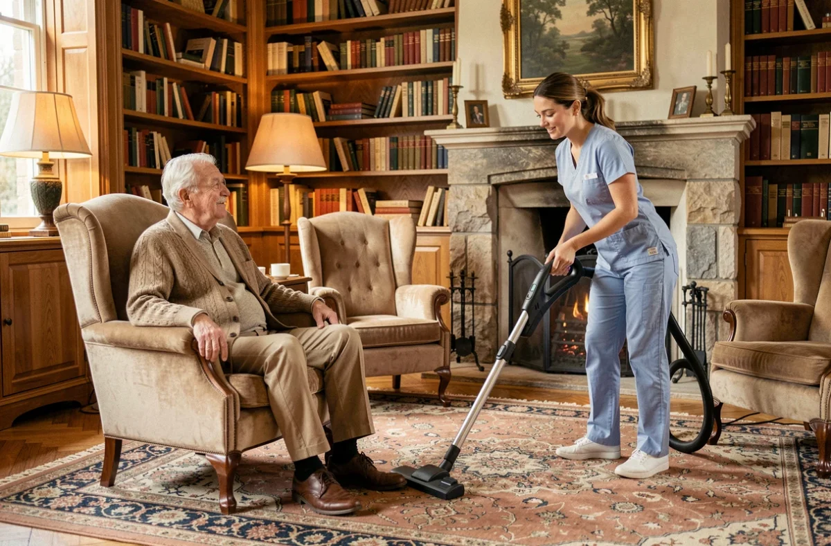 Personne âgée et aide à domicile dans un salon cosy, illustrant le service d'aide ménagère pour seniors