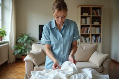Aide à domicile en uniforme bleu pliant du linge dans un appartement français chaleureux, illustrant l'emploi à domicile via Wecassa