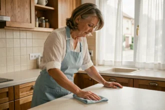 Aide ménagère professionnelle nettoyant le plan de travail d'une cuisine moderne dans un appartement français