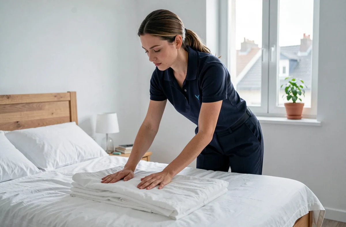 Aide ménagère pliant du linge propre dans une chambre épurée, service de ménage à domicile
