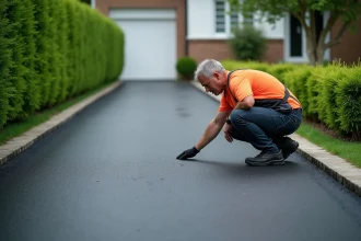 Allée enrobée en bitume noir devant une maison moderne avec jardin soigné