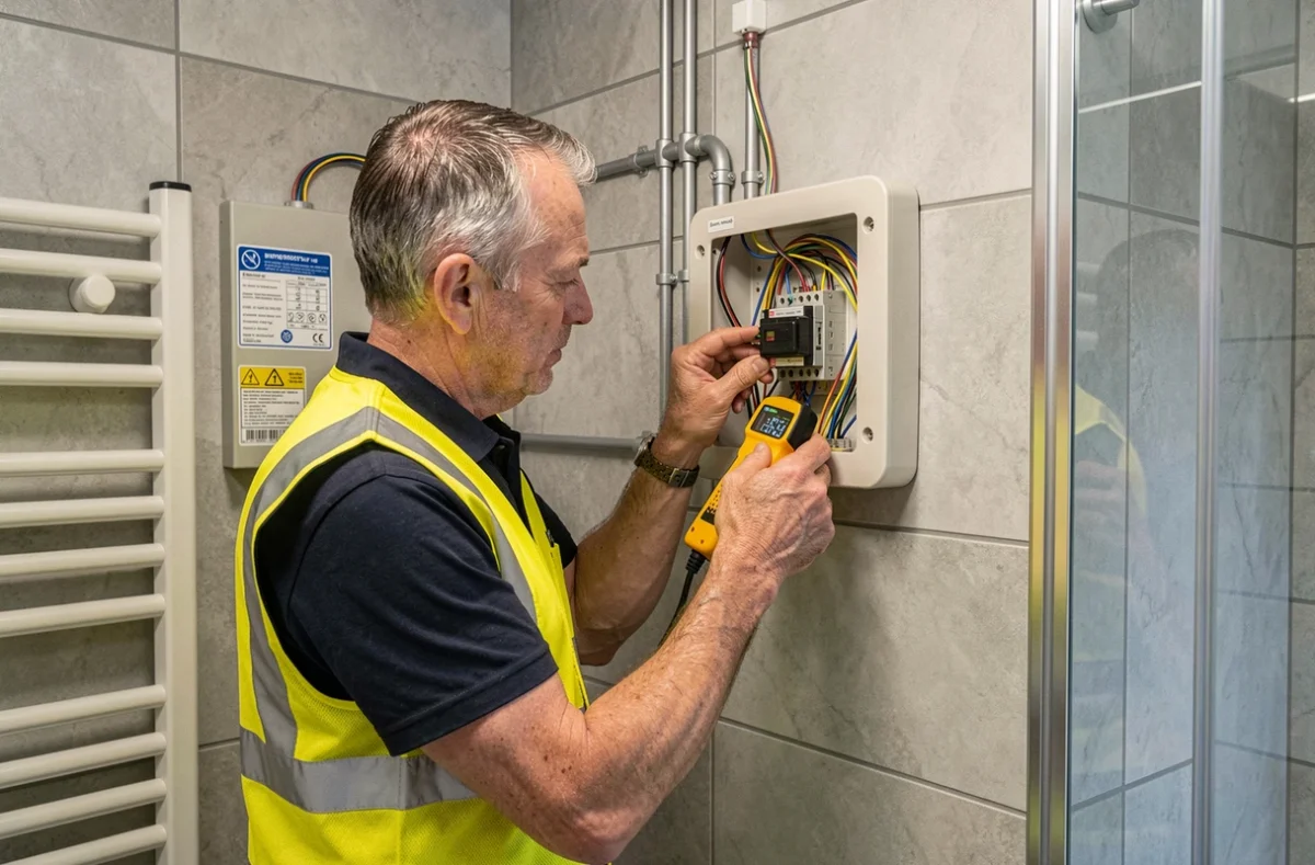 Électricien Alsace Elec câblant un tableau électrique étanche dans une salle de bain moderne à Strasbourg