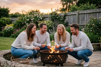 Groupe d'amis autour du feu de camp en soirée d'été
