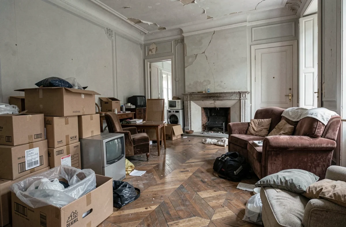 Salon encombré d'un appartement abandonné en attente d'un débarras gratuit en urgence