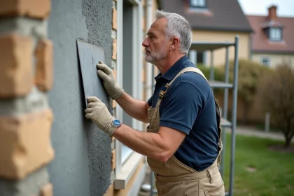Maçon appliquant un enduit de ravalement isolant sur la façade d'une maison, vue en plan rapproché sur le geste technique
