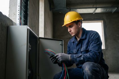 Jeune apprenti électricien en uniforme bleu examinant un tableau électrique sur un chantier de bâtiment
