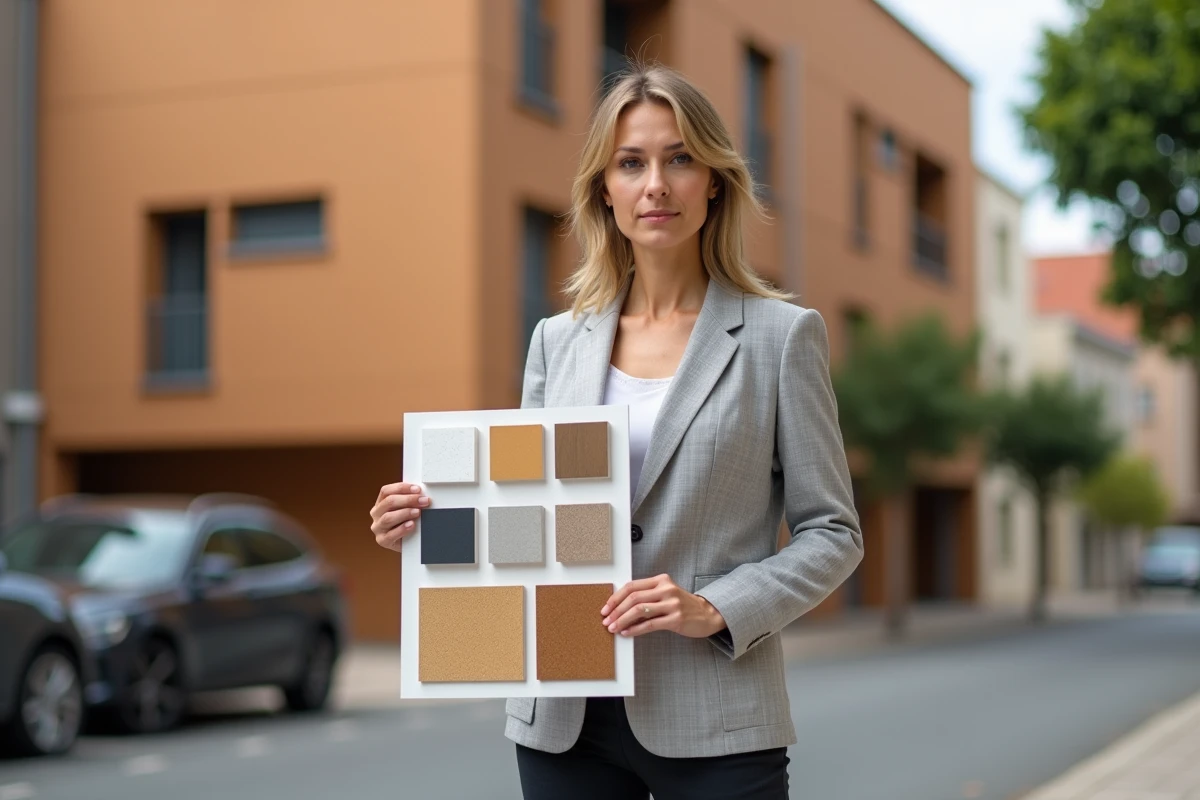 Architecte présentant des échantillons de finitions de ravalement devant une façade rénovée en enduit minéral ocre