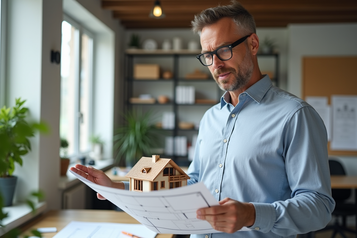 Architecte homme examinant un modèle de maison avec étage