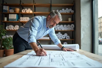 Architecte examinant des plans de construction et des dossiers de permis de construire sur une grande table en bois dans un bureau moderne