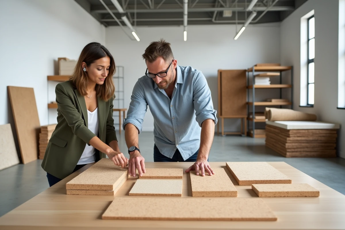 Deux architectes comparant des échantillons d'isolants durables en liège et fibre de bois dans un showroom