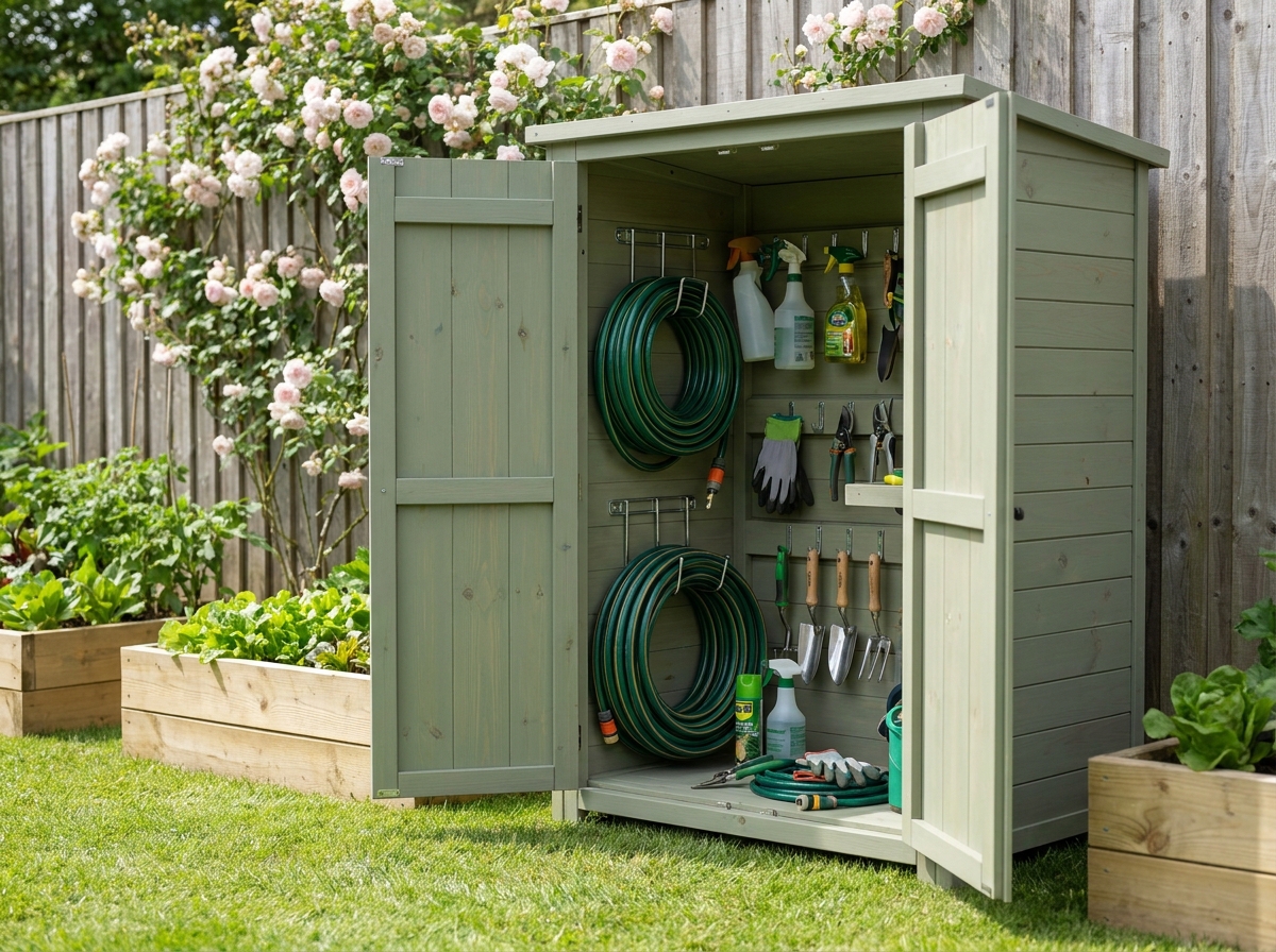 Armoire de rangement extérieure en bois vert sauge ouverte révélant des outils de jardin bien organisés