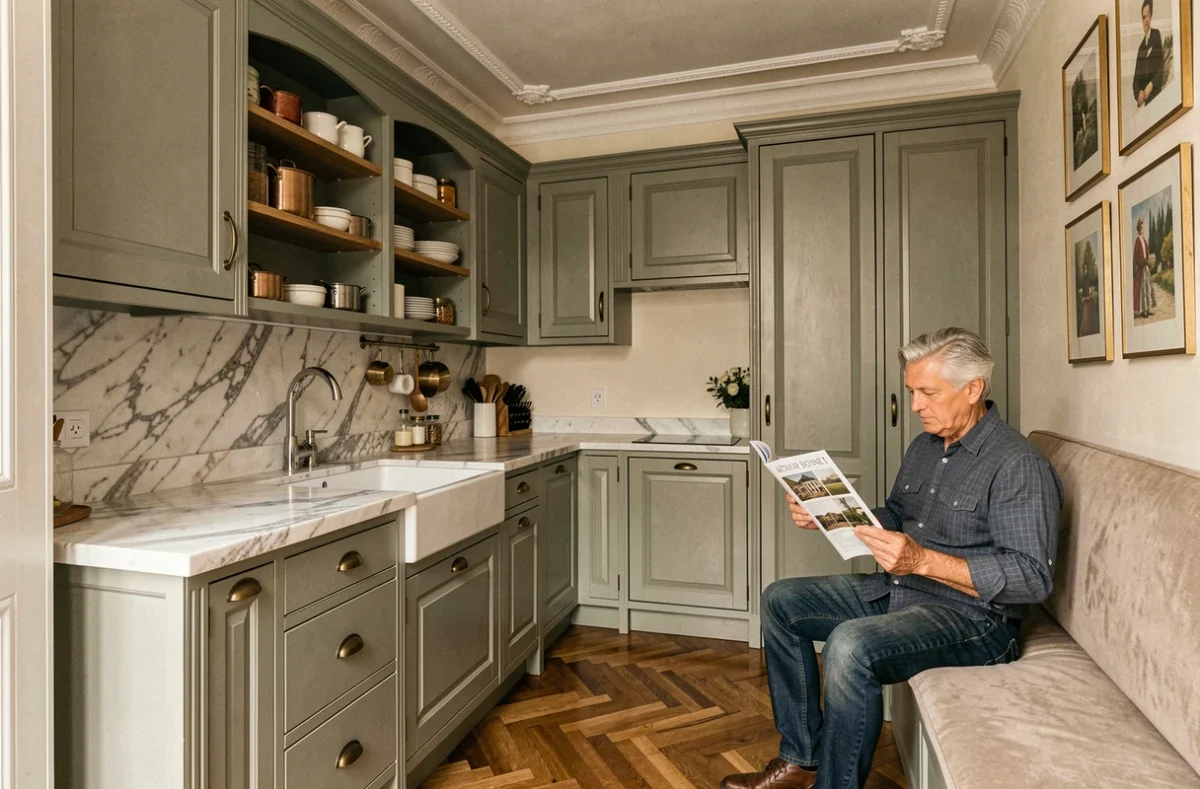 Cuisine Arthur Bonnet de style traditionnel avec caissons vert-gris et plan en marbre Calacatta dans un appartement haussmannien parisien