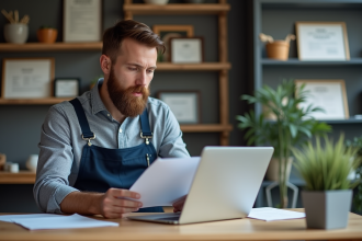 Artisan homme vérifiant ses documents dans son bureau lumineux