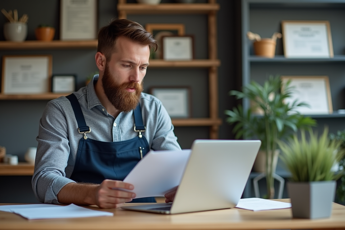 Artisan homme vérifiant ses documents dans son bureau lumineux
