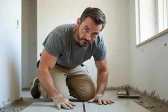 Artisan carreleur posant un carrelage grand format en grès cérame dans une salle de bains en rénovation