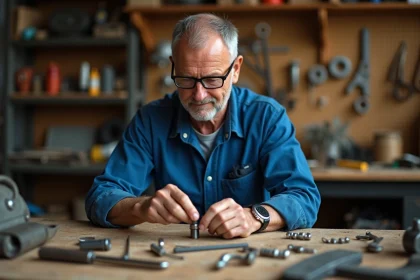 Homme d'âge moyen travaillant sur une pièce métallique fragile