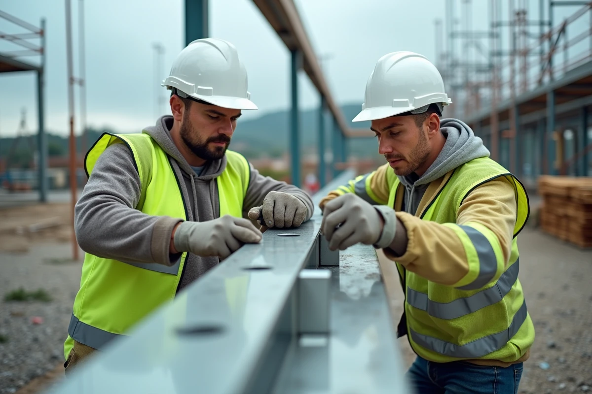 Ouvriers assemblant une structure tubulaire en aluminium sur un chantier de construction