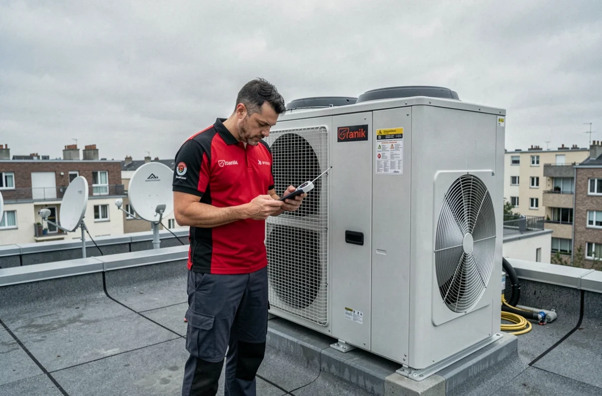 Technicien d'ATM Climatisation contrôlant une unité de pompe à chaleur commerciale installée sur un toit-terrasse en Seine-Saint-Denis