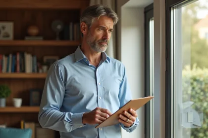 Auditeur energie homme dans salon moderne et cosy