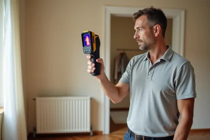 Auditeur thermique professionnel réalisant un diagnostic énergétique dans un salon de maison individuelle avec une caméra infrarouge