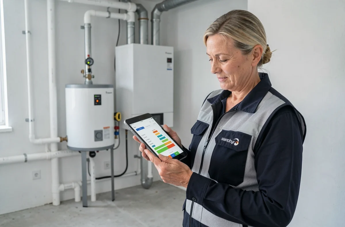 Auditrice énergétique analysant les performances d'une pompe à chaleur air eau dans une chaufferie résidentielle moderne