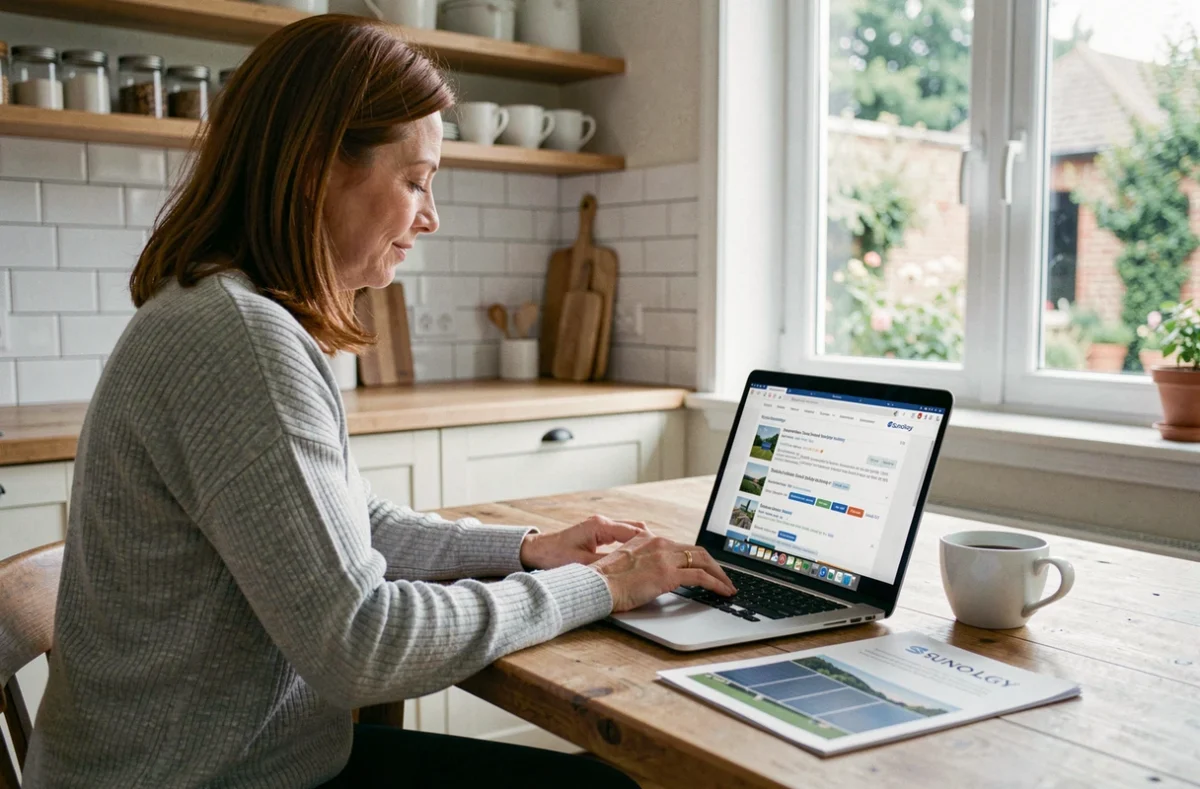 Femme consultant des avis clients sur les panneaux solaires Sunology depuis son ordinateur portable dans une cuisine moderne