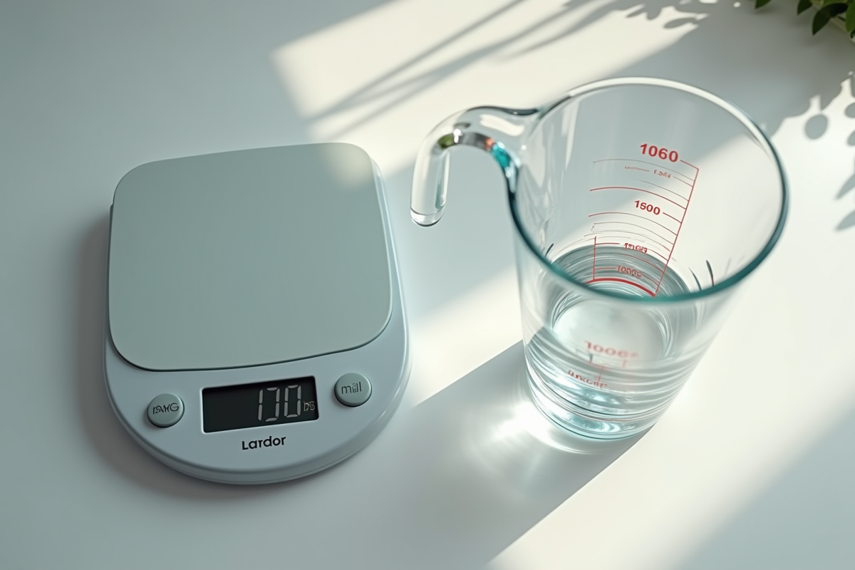 Balance de cuisine avec eau à 100 grammes et millilitres