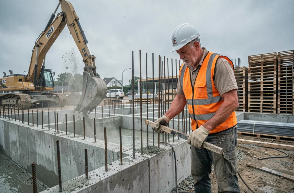 Chef de chantier de Bat Ymmo supervisant le coulage de fondations béton sur un chantier de construction neuve en gros oeuvre
