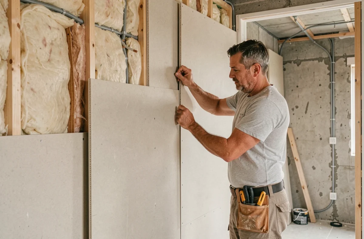 Artisan de B.B. Renovation installant des cloisons en placo dans un intérieur en cours d'aménagement