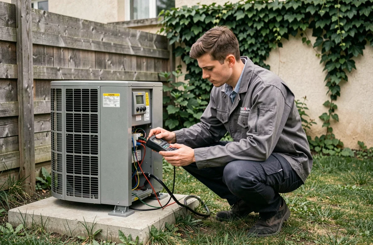 Technicien de BM Clim vérifiant les connexions électriques d'une pompe à chaleur compacte installée dans le jardin d'une maison en Seine-Saint-Denis