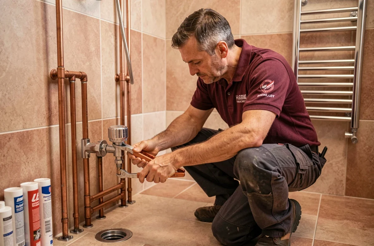 Plombier Bornert N Maintenance Chauffage raccordant une valve de douche thermostatique dans une salle de bain du Bas-Rhin