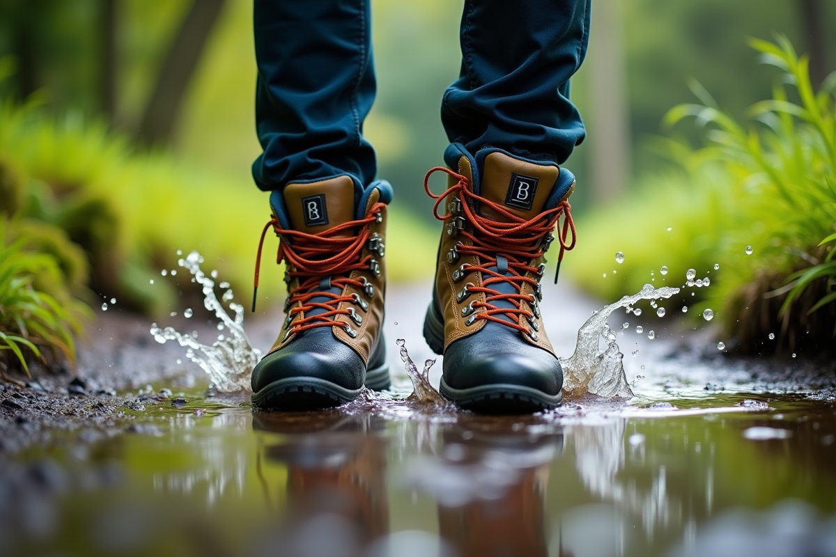 Bottes de randonnée imperméables éclaboussant dans une flaque
