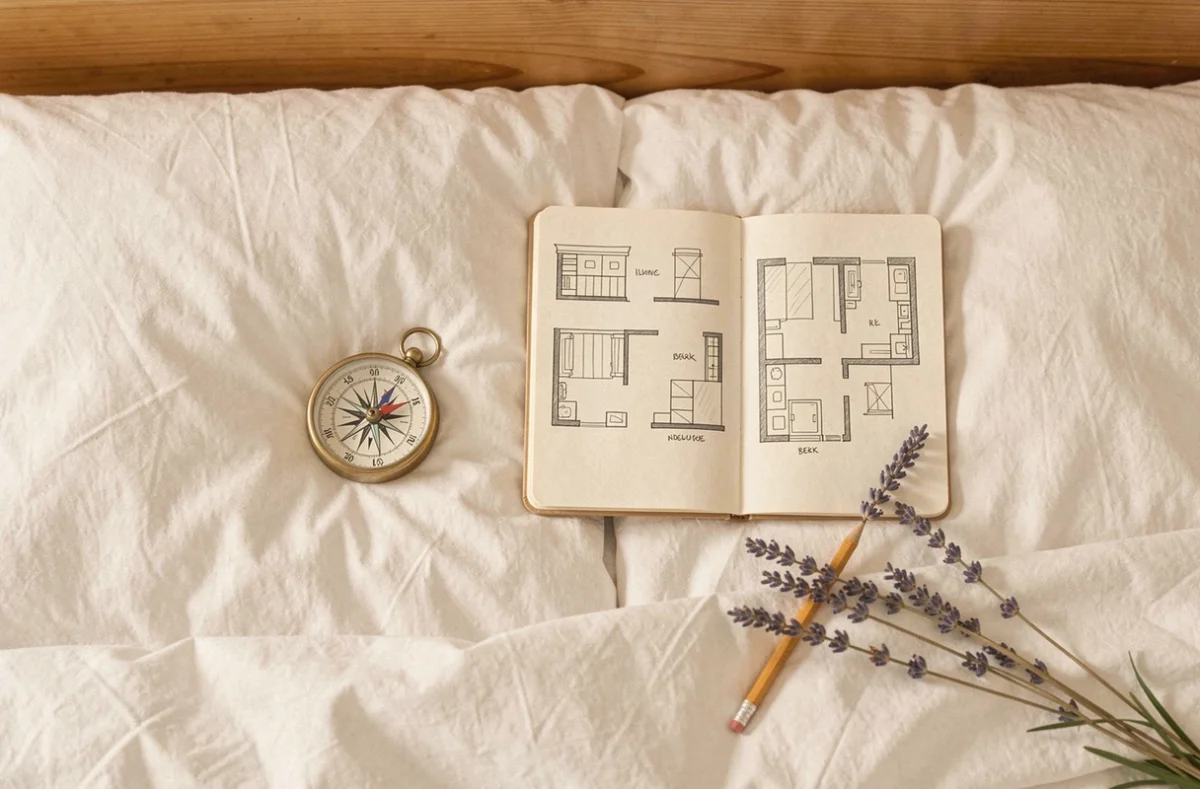 Vue aérienne d'une boussole et d'un carnet de notes posés sur des draps blancs pour planifier l'orientation feng shui d'un lit