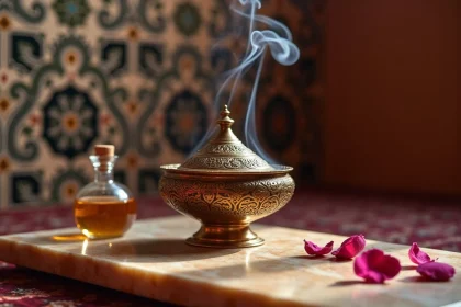 Brûleur d'encens arabe en laiton sculpté avec huile d'oud et pétales de rose sur marbre, intérieur marocain
