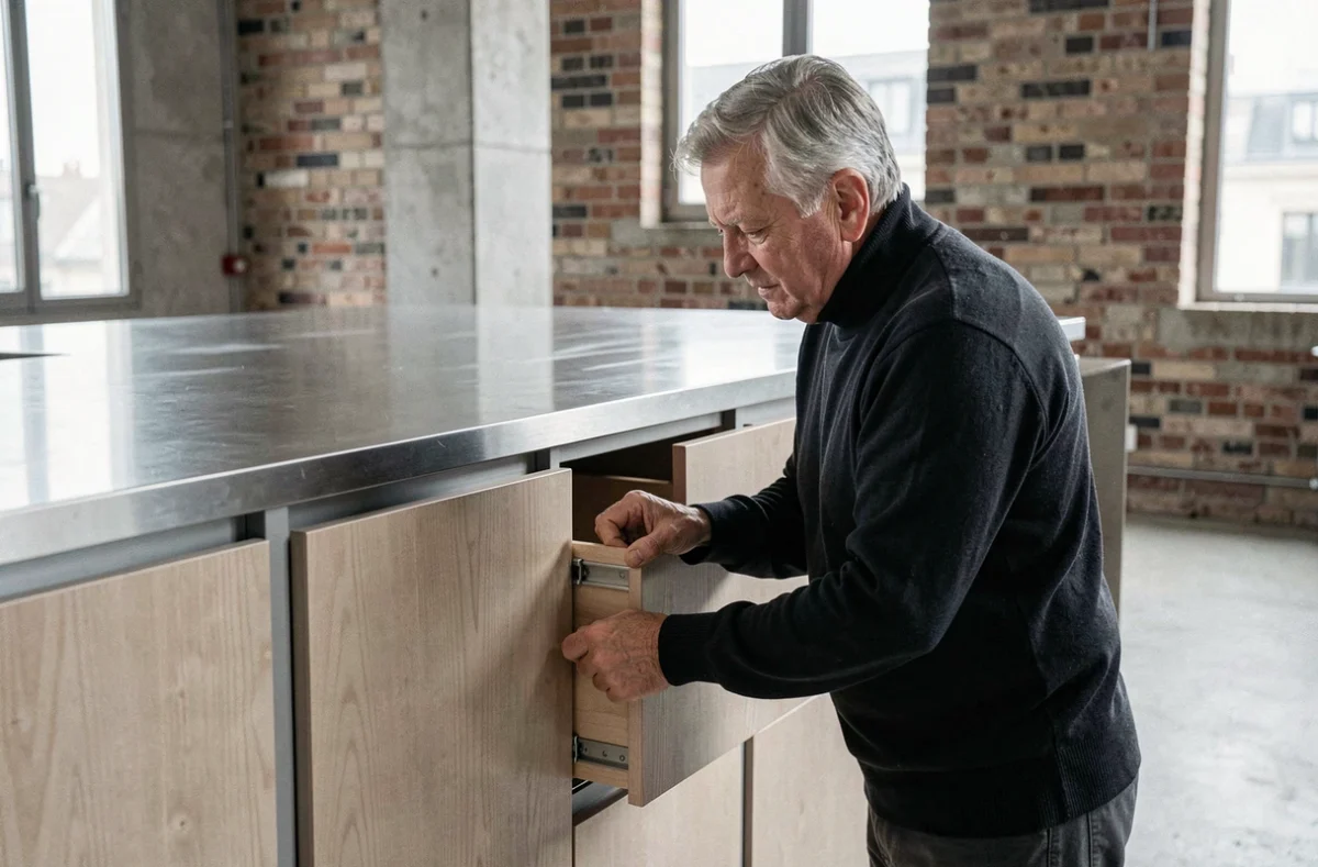 Cuisine Bulthaup système b3 en bois de frêne et acier inoxydable dans un loft parisien minimaliste avec un homme examinant les tiroirs