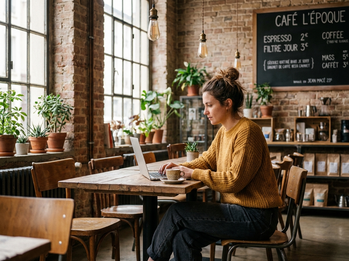 Femme travaillant dans un café indépendant du quartier Jean Macé à Lyon, ambiance authentique et conviviale