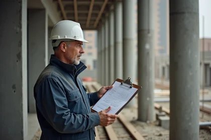 Ingénieur en génie civil calculant le volume de béton en m3 sur un chantier de construction avec poteaux et poutres en béton armé