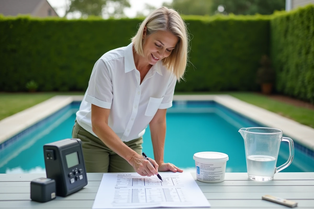 Femme consultant un tableau de calcul de dosage chlore avec kit de test d'eau pour piscine sur table extérieure