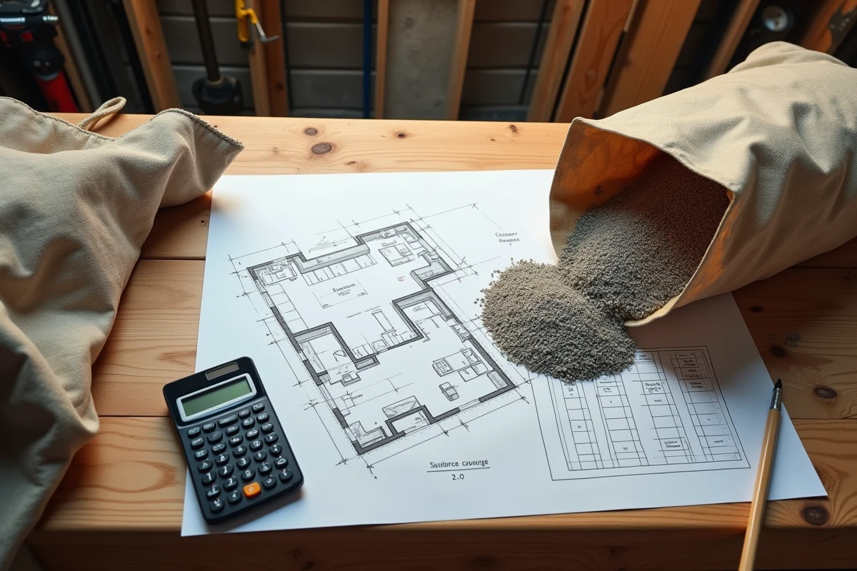 Calcul de la quantité d'isolant en ouate de cellulose nécessaire avec plan de surface et tableau de couverture sur un établi