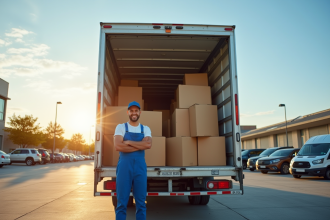 Camion de déménagement ouvert avec cartons empiles pour article
