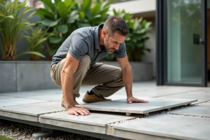 Poseur professionnel installant un carrelage sur plots réglables sur une terrasse extérieure moderne