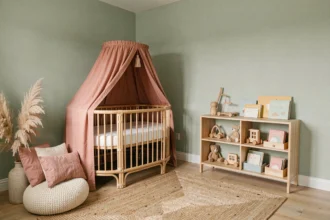 Chambre bébé garçon aux tons sauge et terracotta avec mobilier en bois blanc et décoration naturelle en rotin