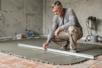 Ouvrier appliquant une chape de béton de 5 cm sur un ancien carrelage dans une pièce en rénovation