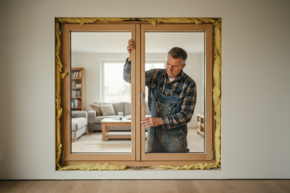 Charpentier posant une fenetre en bois dans une maison moderne