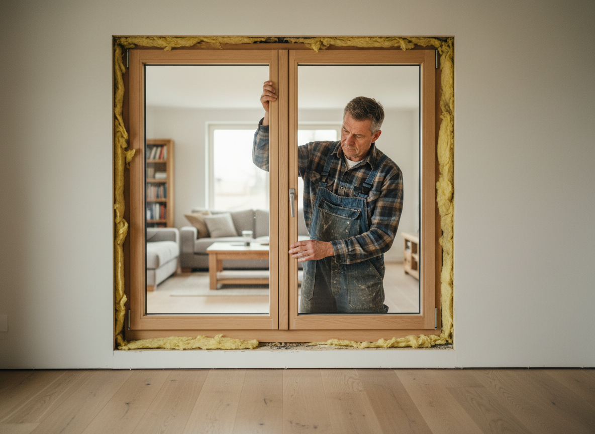 Charpentier posant une fenetre en bois dans une maison moderne