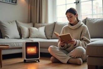 Femme utilisant un chauffage d'appoint électrique compact dans un salon moderne et confortable